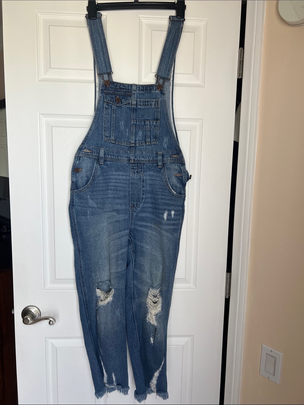 Sincerely Jules Distressed Light Blue Denim Overalls